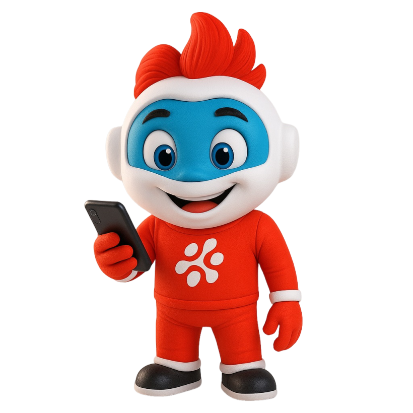 Mascote Mundinet mexendo no telefone.